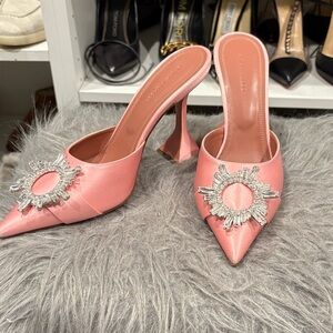 Amina Muaddi Pink Satin Mules with Crystal Embellishment